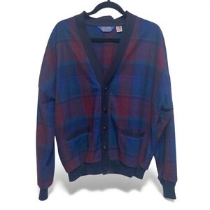 Vintage Pendleton Plaid Cardigan Sweater Mens M Wool Made USA Grandpa V Neck